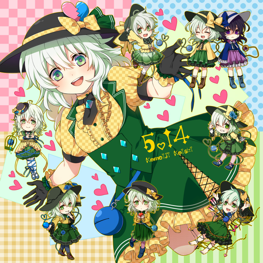 adjusting_clothes adjusting_hat alternate_color arms_up arrow arrow_through_heart barefoot black_hair blue_rose boots broken_heart cage character_name checkered checkered_dress crying dated embellished_costume eyeball finger_to_mouth flower gloves green_eyes green_hair happy hat hat_ribbon heart heart-shaped_pupils heart_hands heart_of_string highres komeiji_koishi kuronohana looking_at_viewer multiple_girls multiple_persona one_eye_closed open_mouth player_2 polka_dot ribbon rose short_hair skirt smile striped symbol-shaped_pupils tears thigh-highs third_eye touhou violet_eyes wink