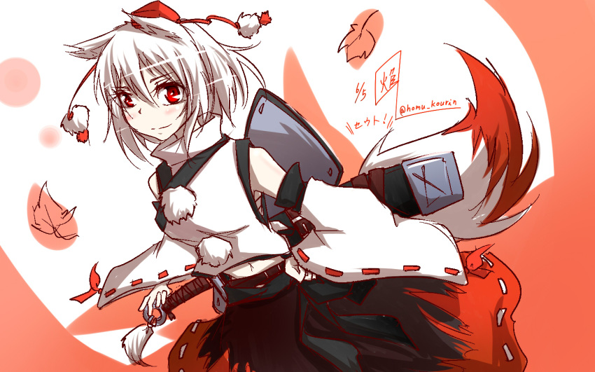 1girl animal_ears artist_name autumn_leaves bare_shoulders blush breasts dated detached_sleeves hand_on_hip hat homura_(silver_blaze) inubashiri_momiji leaf looking_at_viewer midriff navel pom_pom_(clothes) red_eyes sarashi shield shirt short_hair signature silver_hair smile solo sword sword_bag tail tokin_hat touhou weapon wolf_ears wolf_tail