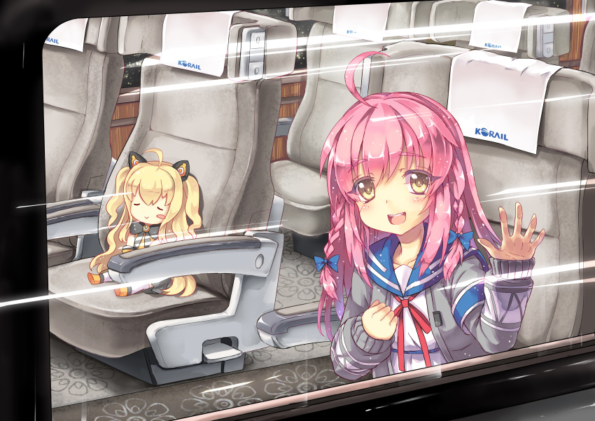 1girl :&gt; :d absurdres against_glass ahoge blonde_hair blush blush_stickers bow braid chibi clenched_hand closed_eyes dutch_angle hair_bow hair_ornament hair_ribbon highres north_abyssor open_mouth original pink_hair ribbon school_uniform seat serafuku sitting smile solo sweater tagme train train_interior window yellow_eyes