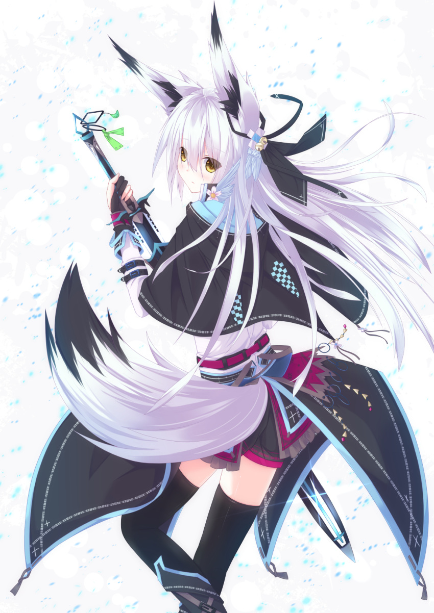 1girl animal_ears black_clothes blue_clothes closed_mouth copyright_request fox_ears fox_tail highres looking_at_viewer looking_over_shoulder pink_clothes shio_(shia-ushio) simple_background solo sword tagme tail thigh-highs weapon white_background white_clothes white_hair yellow_eyes