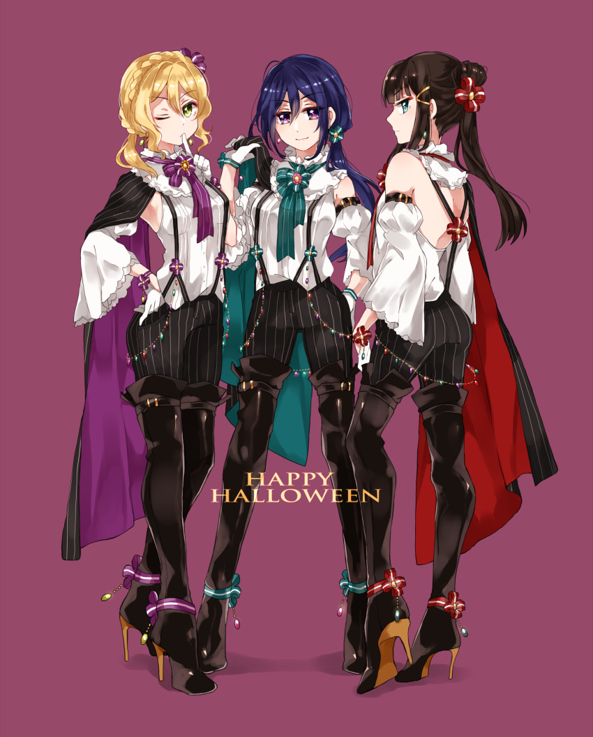 3girls aqua_eyes bangs bare_shoulders black_hair blonde_hair blue_hair blunt_bangs boots braid cape commentary crown_braid detached_sleeves earrings eyebrows_visible_through_hair finger_to_mouth gloves green_eyes hair_ornament hair_ribbon happy_halloween high_heel_boots high_heels highres holding_cape jewelry kurosawa_dia long_hair looking_at_viewer looking_back love_live! love_live!_sunshine!! matsuura_kanan multiple_girls neck_ribbon necktie ohara_mari one_eye_closed ponytail purin_(purin0) ribbon shoe_ribbon shushing smile suspenders thigh-highs thigh_boots violet_eyes yellow_eyes