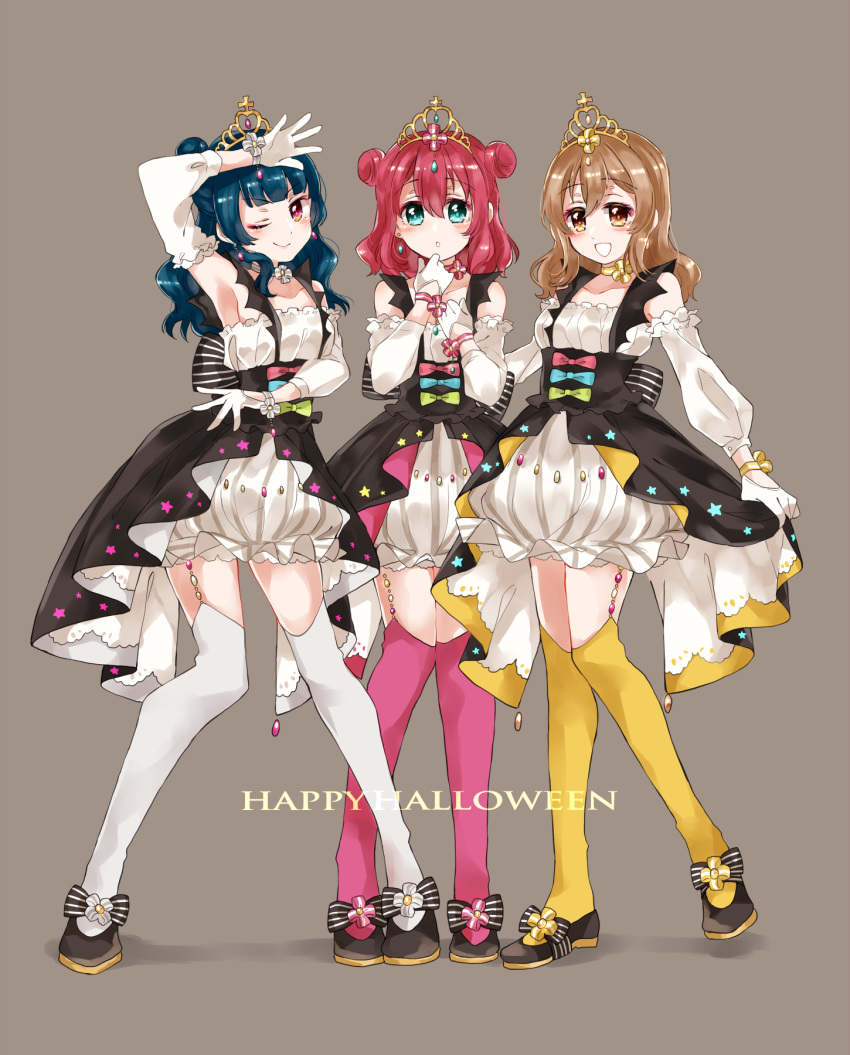 3girls :d :o aqua_eyes arm_up armpits bangs bare_shoulders blunt_bangs blush bow brown_hair bubble_skirt commentary detached_sleeves double_bun earrings eyebrows_visible_through_hair gloves hair_between_eyes happy_halloween highres idol jewelry kunikida_hanamaru kurosawa_ruby long_hair looking_at_viewer love_live! love_live!_sunshine!! multiple_girls one_eye_closed open_mouth pose purin_(purin0) redhead shoe_bow shoes side_bun skirt smile thigh-highs tiara tsushima_yoshiko yellow_eyes