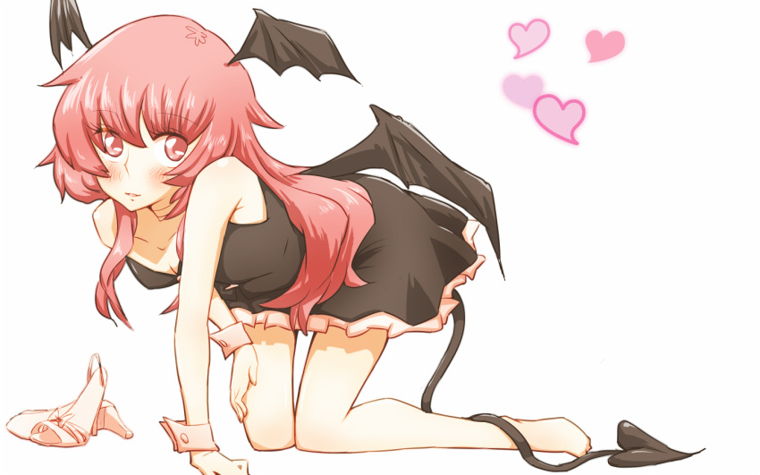 1girl all_fours bare_arms bare_shoulders barefoot bat_wings black_dress braid breasts cleavage collarbone demon_girl demon_tail demon_wings dress head_wings heart high_heels koakuma long_hair non_(z-art) red_dress red_eyes shoes_removed single_braid smile solo tail touhou very_long_hair white_background wings wrist_cuffs