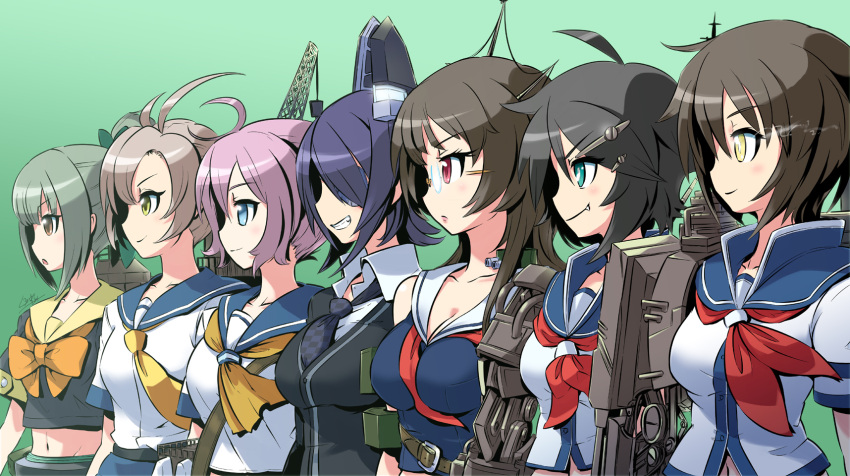 6+girls ahoge aoba_(kantai_collection) bare_shoulders black_hair blue_eyes breasts brown_eyes brown_hair bust_chart checkered_necktie choukai_(kantai_collection) crane crop_top eyepatch fang furutaka_(kantai_collection) glasses glowing glowing_eye grin hair_ornament hairclip highres kako_(kantai_collection) kantai_collection kinugasa_(kantai_collection) kurono_tokage long_hair multiple_girls navel neckerchief pink_hair school_uniform serafuku short_hair smile smirk tenryuu_(kantai_collection) yellow_eyes yuubari_(kantai_collection)