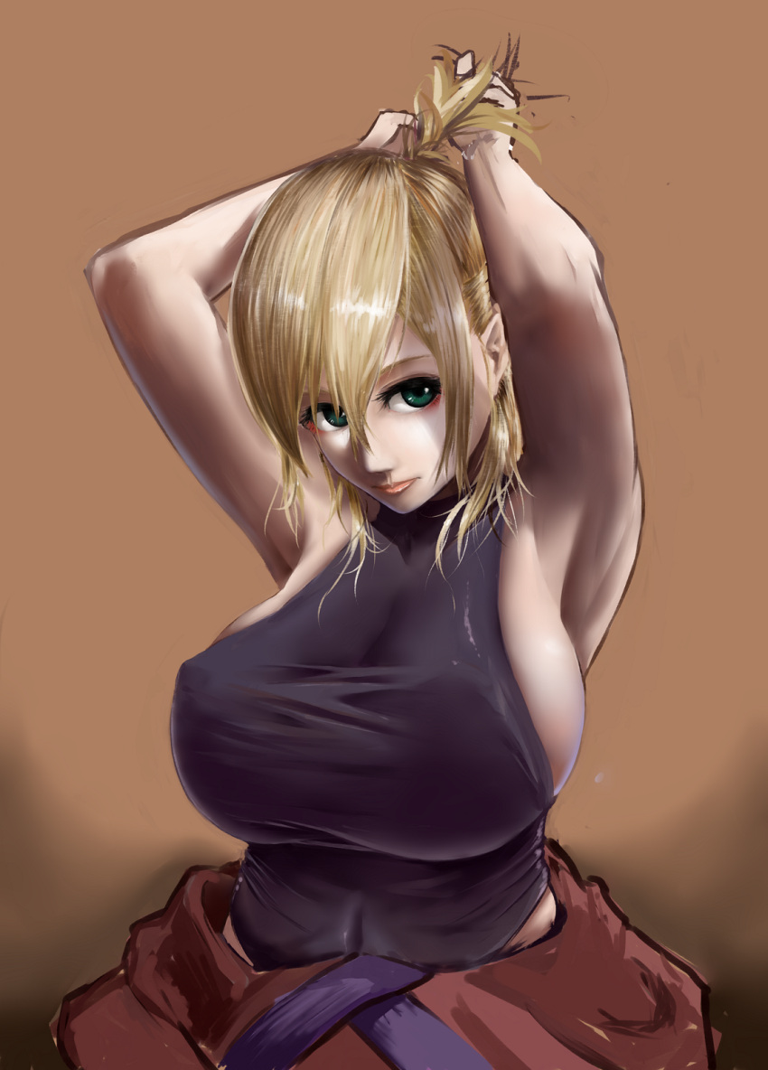 1girl armpits arms_up blonde_hair bow breasts clothes_down curvy green_eyes hair_between_eyes hair_bow highres huge_breasts kai(ry lips looking_at_viewer mizuhashi_parsee navel pointy_ears realistic short_hair sideboob solo standing tight tight_shirt touhou traditional_clothes tying_hair