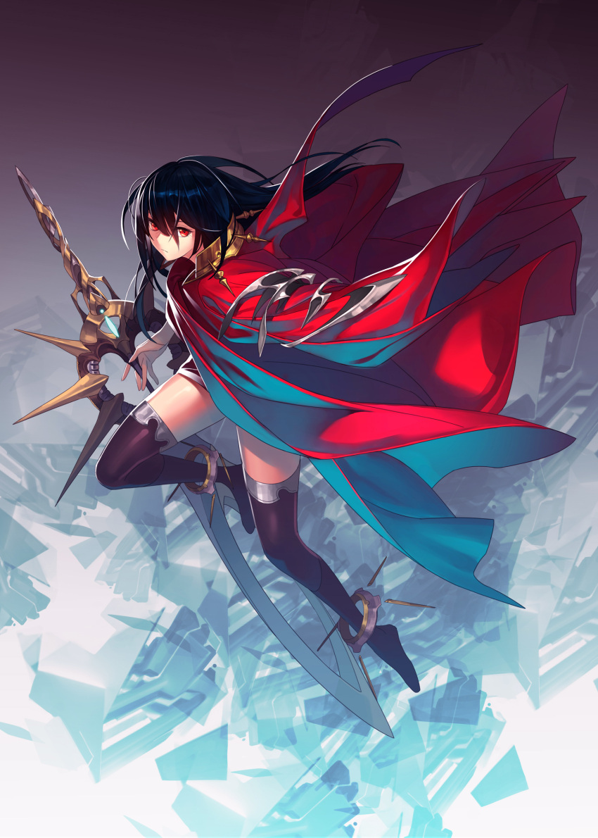 1girl anklet black_hair highres jandy jewelry long_hair looking_at_viewer original red_eyes robe solo sword thigh-highs weapon