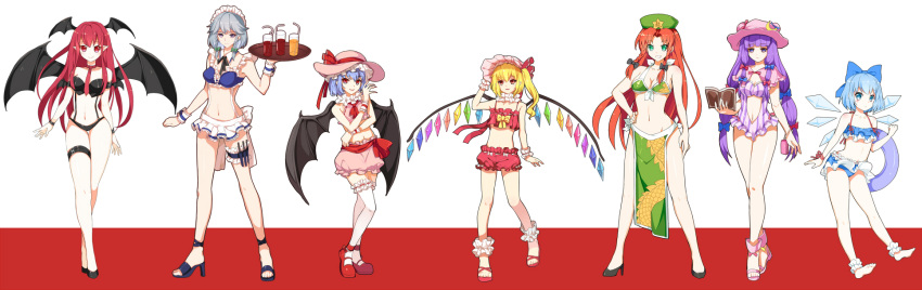 6+girls alternate_costume alternate_hairstyle ankle_cuffs ass back bat_wings bikini bikini_skirt bikini_top black_bikini blonde_hair bloomers blue_bikini blue_eyes blue_hair book bow braid breasts capelet carrying choker cirno cleavage collarbone crescent crescent_hair_ornament crop_top demon_wings drink drinking_glass flandre_scarlet flat_chest frilled_bikini frills green_bikini green_eyes greetload grin hair_bow hair_ornament hair_ribbon hand_on_hip hat hat_ribbon head_wings high_heels highres holster hong_meiling ice ice_wings innertube izayoi_sakuya knife koakuma large_breasts long_hair looking_at_viewer maid maid_headdress midriff miniskirt multiple_girls navel navel_cutout necktie patchouli_knowledge pink_eyes pink_shoes pointy_ears purple_hair purple_swimsuit red_eyes red_shoes redhead remilia_scarlet ribbon ribbon_choker shoes short_shorts shorts siblings side_ponytail silver_hair sisters skirt smile star striped striped_swimsuit suspenders swimsuit thigh_holster thigh_strap touhou tray tress_ribbon twin_braids twintails underwear very_long_hair violet_eyes walking wings wrist_cuffs wrist_ribbon zoom_layer