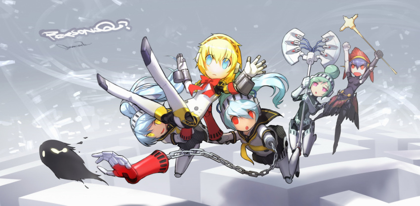 5girls aegis blonde_hair blue_eyes blue_hair green_hair labrys long_hair metis multiple_girls observerz persona persona_3 persona_4:_the_ultimate_in_mayonaka_arena persona_q ponytail purple_hair red_eyes shadow_(persona) shadow_labrys short_hair unit_#024 weapon yellow_eyes