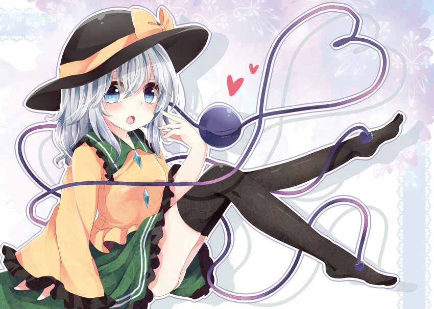 1girl absurdres ass black_legwear blue_eyes bow hat hat_bow heart highres komeiji_koishi legs_up long_sleeves looking_at_viewer no_shoes open_mouth shirt silver_hair sitting skirt solo thigh-highs third_eye touhou wide_sleeves yuria_(kittyluv) zettai_ryouiki