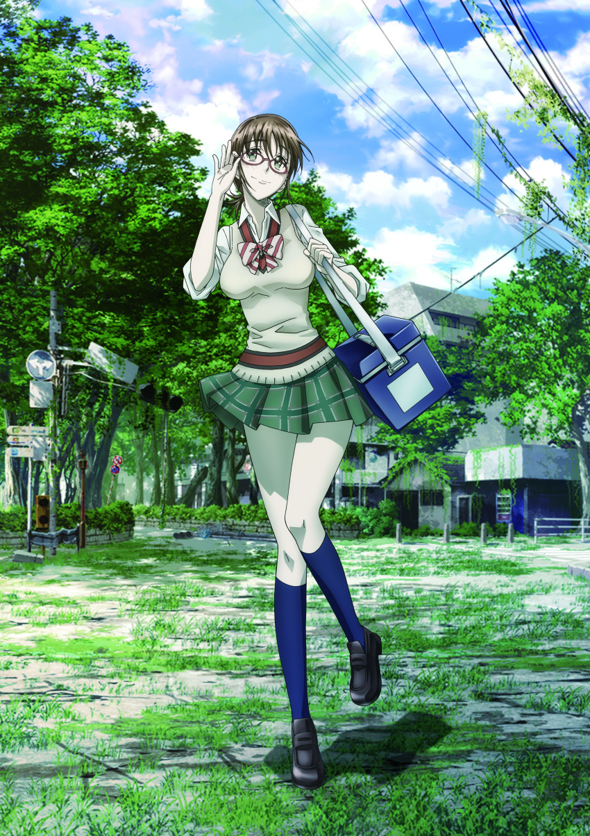 1girl absurdres adjusting_glasses bag blue_legwear bowtie brown_hair clouds cloudy_sky coppelion glasses grass green_eyes green_skirt highres house ivy kneehighs loafers miniskirt nature nomura_taeko official_art outdoors overgrown pale_skin plaid plaid_skirt plant pleated_skirt power_lines red-framed_glasses road_sign ruins scenery school_uniform shoes short_ponytail shoulder_bag sign skirt sky sleeves_rolled_up solo standing_on_one_leg striped striped_bowtie sweater_vest traffic_light tree