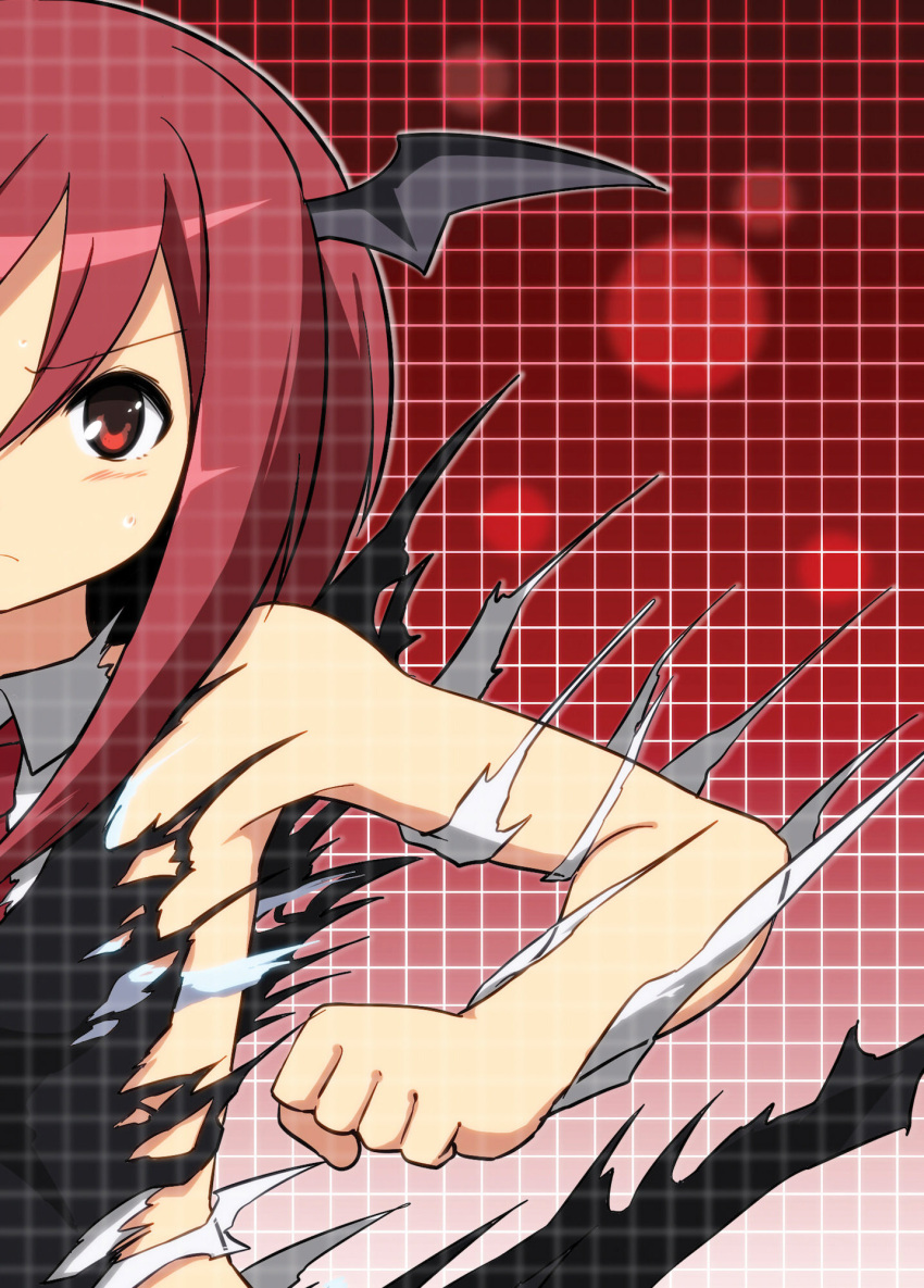 1girl armband back_cover bare_shoulders bat_wings censored convenient_censoring dress_shirt exploding_clothes frown gradient gradient_background grid head_wings highres koakuma leon_7 long_hair long_sleeves looking_at_viewer necktie red red_background red_eyes redhead shirt solo touhou vest white_shirt wings