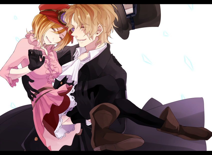 1boy 1girl blonde_hair carrying closed_eyes couple goggles_on_hat happy hat hetero highres koala_(one_piece) mako1124 one_piece princess_carry sabo_(one_piece) scar smile top_hat