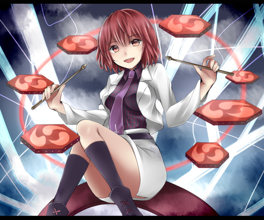1girl breasts censored convenient_censoring drum drum_set drumsticks horikawa_raiko instrument large_breasts long_sleeves looking_at_viewer miniskirt necktie open_clothes open_jacket open_mouth red_eyes redhead richard shirt sitting_on_drum skirt smile solo taiko_drum touhou