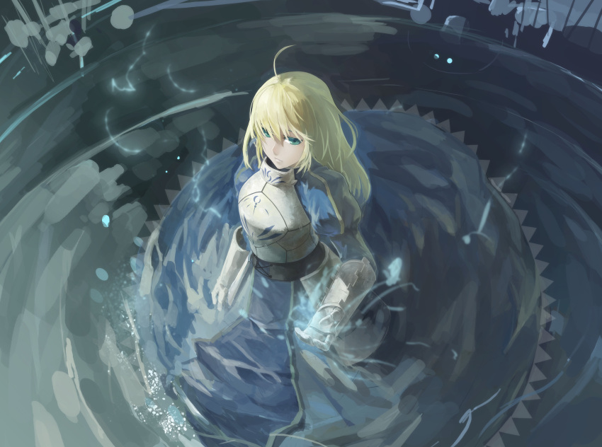 1girl absurdres ahoge armor armored_dress avamone_(xzcpop) blonde_hair fate/stay_night fate_(series) faulds gauntlets green_eyes hair_down highres juliet_sleeves long_hair long_sleeves parted_lips partially_submerged puffy_sleeves saber solo water