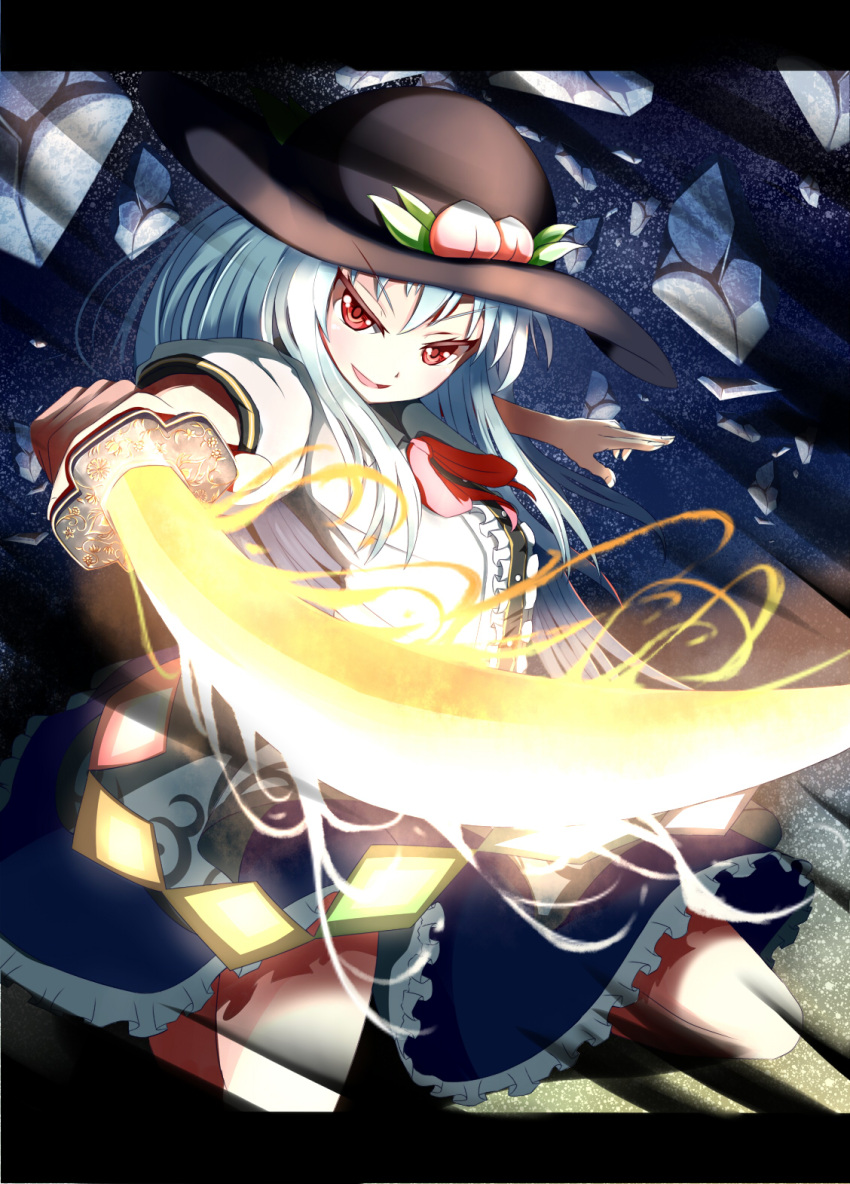 &gt;:d 1girl :d blue_hair bow food fruit hat highres hinanawi_tenshi holding igakusei long_hair open_mouth peach red_eyes smile solo sword sword_of_hisou tagme touhou weapon