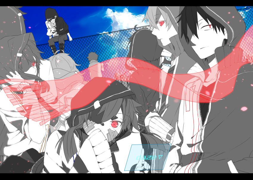 4girls 5boys ahoge alternate_costume back blue_sky chain-link_fence ene_(kagerou_project) hands_in_pockets highres holographic_interface hoodie jersey kagerou_project kano_shuuya kido_tsubomi kisaragi_momo kisaragi_shintarou konoha_(kagerou_project) kozakura_mary letterboxed long_hair looking_at_viewer monochrome multiple_boys multiple_girls red_eyes rubill scarf seto_kousuke short_hair sitting sky sleeves_past_wrists smile twintails