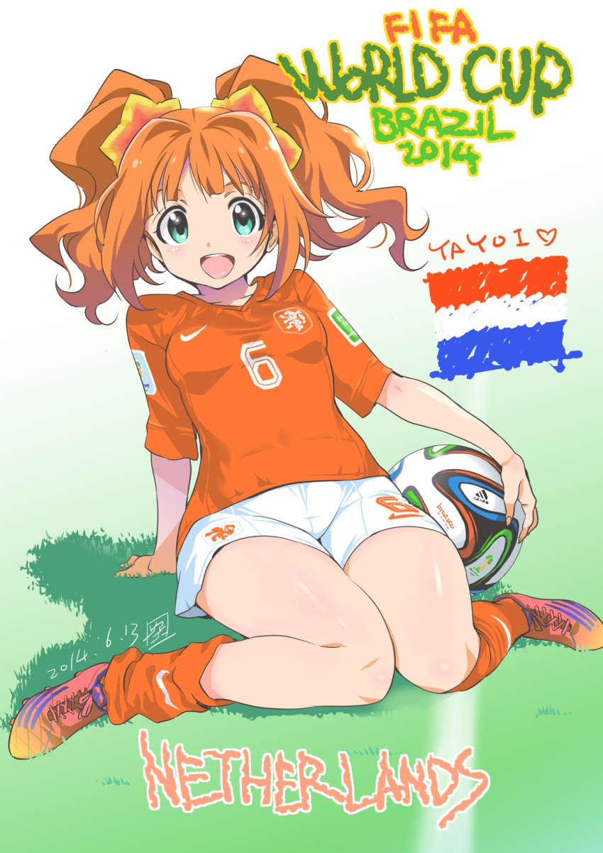1girl 2014_fifa_world_cup blush dated dutch_flag fifa green_eyes highres idolmaster inoue_sora long_hair looking_at_viewer netherlands open_mouth orange_hair revision short_hair shorts signature smile soccer soccer_uniform solo sportswear takatsuki_yayoi twintails world_cup