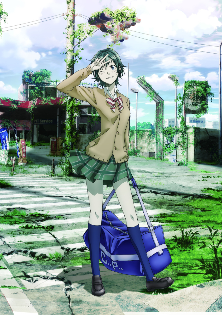 1girl absurdres bag black_shoes blue_eyes blue_legwear bowtie broken_glass broken_window cardigan clouds cloudy_sky coppelion crosswalk fukasaku_aoi gas_station glass grass green_hair green_skirt highres house ivy kneehighs loafers looking_at_viewer miniskirt nature official_art one_eye_closed outdoors overgrown pale_skin plaid plaid_skirt plant pleated_skirt power_lines ruins scenery school_uniform shoes short_hair shoulder_bag skirt sky smile solo striped striped_bowtie traffic_light v wink