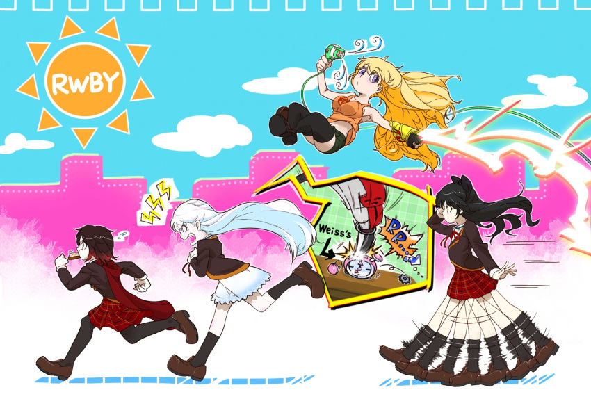 4girls alarm_clock angry black_hair blake_belladonna blonde_hair bow breaking cape clock clouds dress dressing firing flying flying_sweatdrops gauntlets gloves hair_bow hair_dryer highres indian_style kneehighs long_hair mouth_hold multiple_girls open_mouth pantyhose redhead ruby_rose running rwby school_uniform scythe short_hair sitting skirt sun tank_top thigh-highs title toast toast_in_mouth weiss_schnee white_hair yang_xiao_long