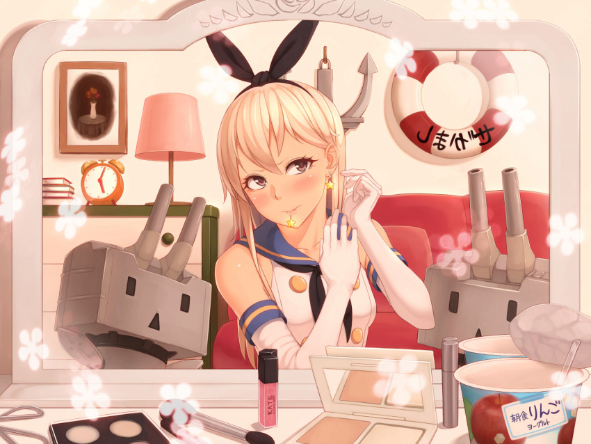 1girl anchor blonde_hair blush earrings elbow_gloves gloves hairband jewelry kantai_collection kedama_keito long_hair mirror mouth_hold personification rensouhou-chan revision shimakaze_(kantai_collection) solo white_gloves