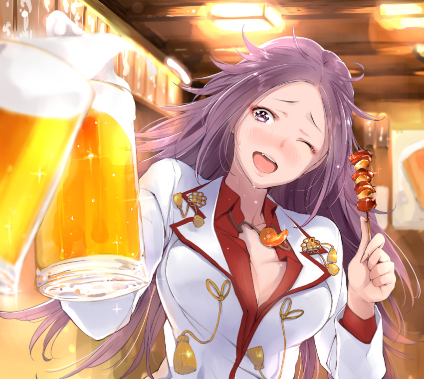 1girl beer_mug blush bouncing_breasts breasts bust cleavage food jun'you_(kantai_collection) kantai_collection large_breasts long_hair long_sleeves one_eye_closed open_mouth pov_hands purple_hair smile sparkling_eyes tsukino_wagamo very_long_hair violet_eyes wink