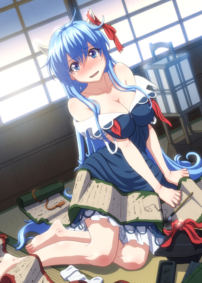 1girl blue_eyes blue_hair blush bow breasts cleavage ex-keine hat hat_removed headwear_removed highres kamishirasawa_keine kezune_(i-_-i) lamp long_hair open_mouth ribbon scroll solo sweatdrop tatami touhou very_long_hair