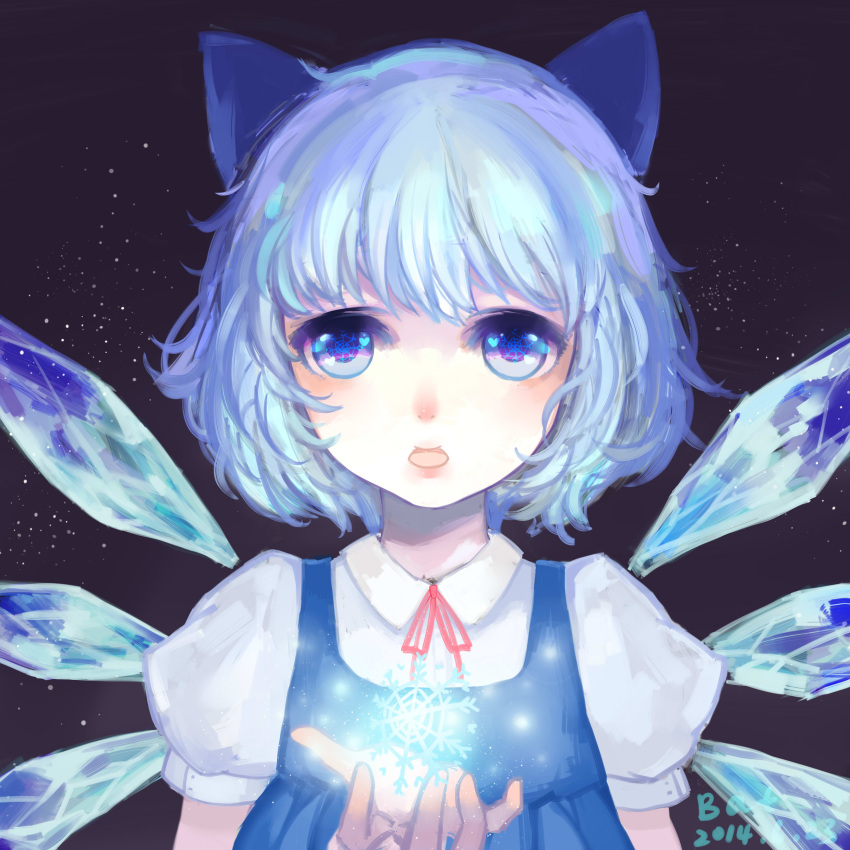 1girl absurdres artist_name bat_(concon911) black_background blue_eyes blue_hair bow bust cirno dated dress face faux_traditional_media glowing hair_bow heart highres light_particles looking_at_viewer open_hand open_mouth puffy_short_sleeves puffy_sleeves ribbon short_hair short_sleeves snowflakes solo symbol-shaped_pupils touhou wings