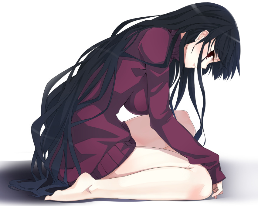 1girl baicha barefoot black_hair blush breasts brown_eyes e large_breasts long_hair naked_sweater original parted_lips profile simple_background sitting smile solo sweater very_long_hair white_background