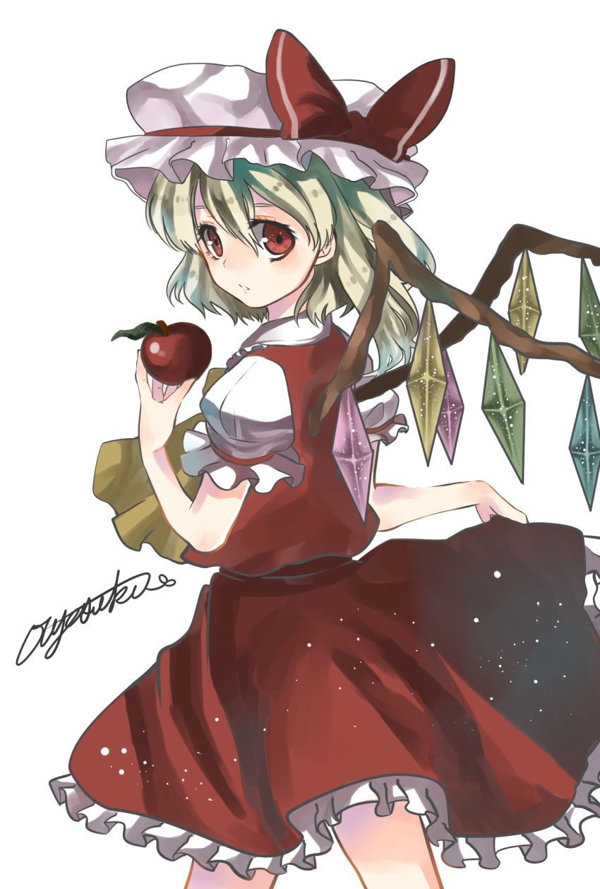 1girl apple blonde_hair crystal eyelashes flandre_scarlet food from_behind fruit hair_between_eyes hair_ribbon highres holding holding_fruit looking_at_viewer looking_over_shoulder mob_cap parted_lips puffy_short_sleeves puffy_sleeves red_clothes red_eyes red_skirt ribbon short_hair short_sleeves side_ponytail signature skirt skirt_lift solo tea_assistant touhou wings