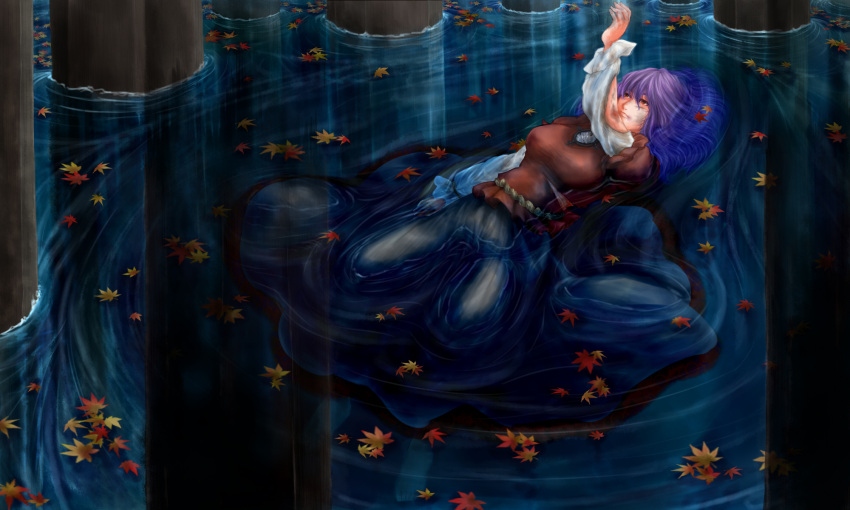 1girl autumn_leaves blouse breasts broken_mirror bruise cuts expressionless floating highres injury leaf long_sleeves looking_up mabui maple_leaf onbashira partially_submerged purple_hair raised_hand red_eyes ripples short_hair skirt solo torn_clothes touhou yasaka_kanako