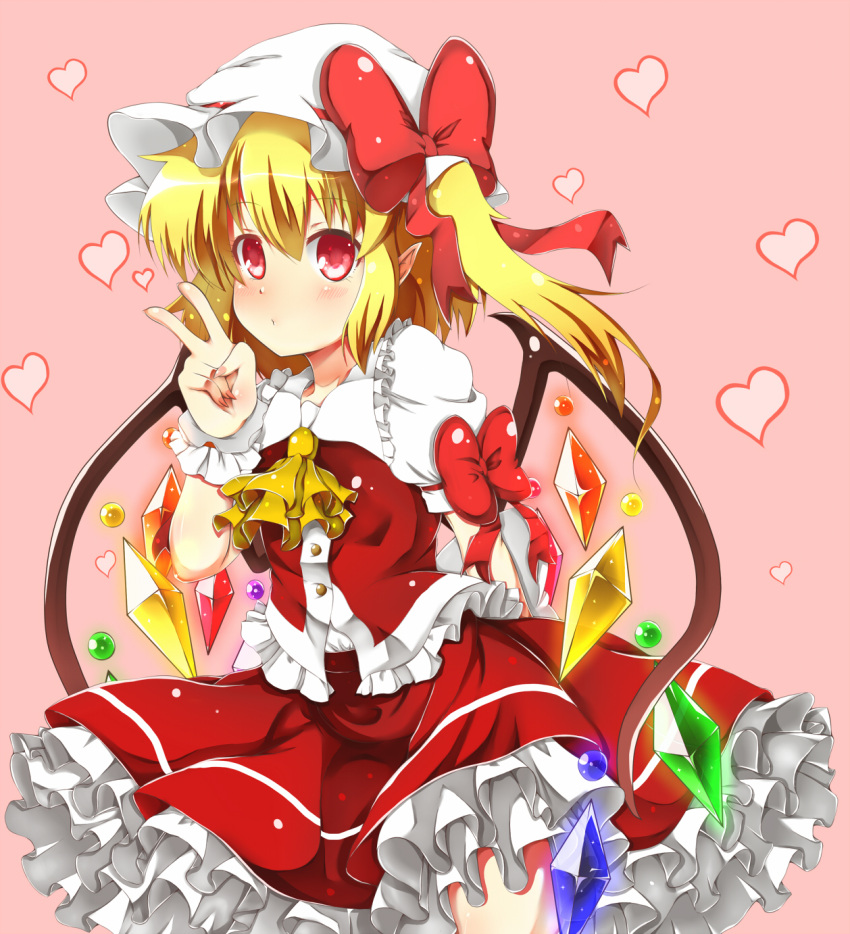 1girl arm_ribbon arms_behind_back ascot asymmetrical_hair blonde_hair crystal flandre_scarlet frilled_skirt frills heart heart_background highres norori peace_symbol pink_background pointy_ears pouty_lips red_clothes red_eyes red_skirt ribbon short_hair side_ponytail skirt solo touhou v white_blouse wings wrist_cuffs