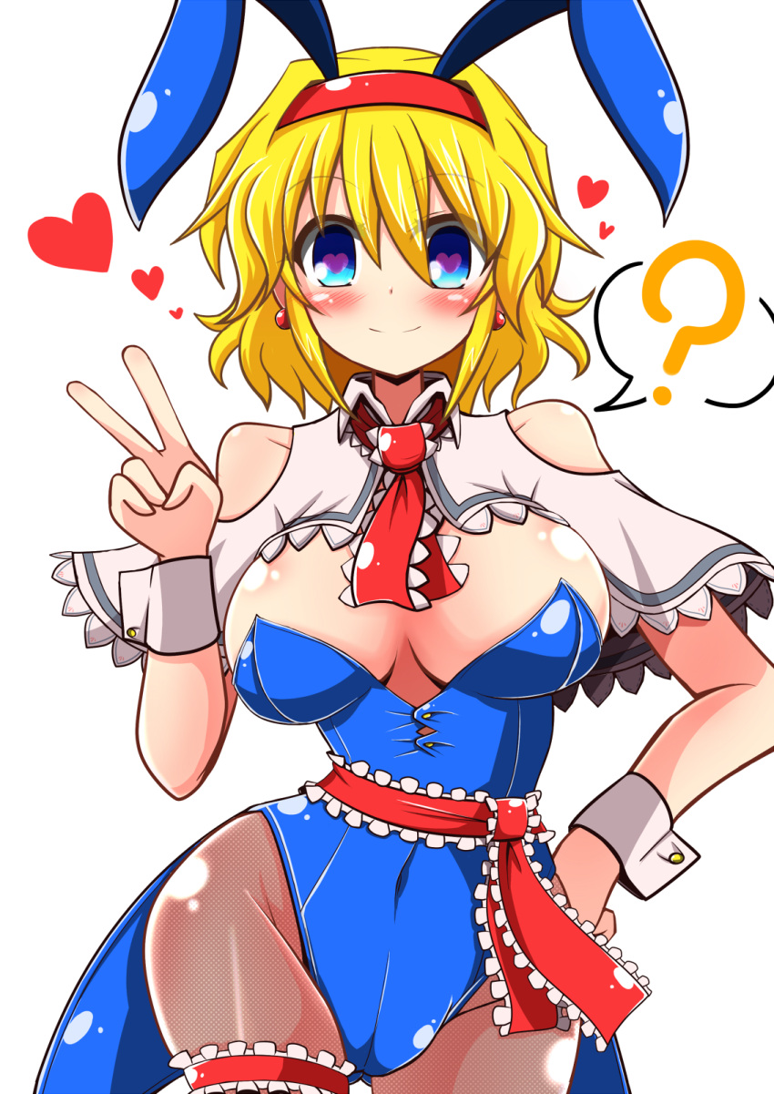 1girl adapted_costume alice_margatroid animal_ears ascot blonde_hair blue_eyes bowtie breasts bunnysuit capelet cleavage detached_collar fishnet_pantyhose fishnets hairband heart heart-shaped_pupils highres leotard pantyhose rabbit_ears ribbon rindou_(p41neko) sash short_hair smile solo symbol-shaped_pupils touhou wrist_cuffs