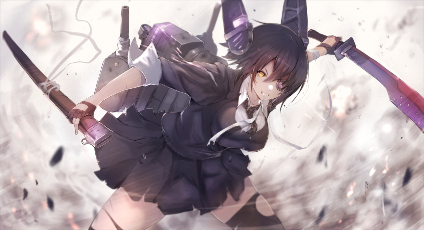 &gt;:d 1girl :d black_hair eyepatch grin headgear highres holding kantai_collection looking_at_viewer machinery open_mouth pleated_skirt school_uniform skirt smile solo sumisu_(mondo) sword tenryuu_(kantai_collection) weapon yellow_eyes