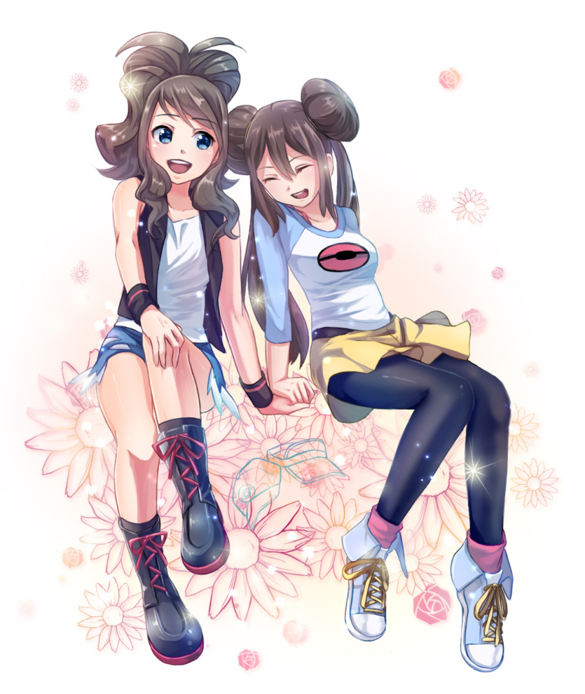 2girls baseball_cap black_legwear blue_eyes boots brown_hair denim denim_shorts double_bun flower full_body hand_on_knee hat hat_removed headwear_removed high_ponytail highres holding_hands invisible_object long_hair mei_(pokemon) multiple_girls open_mouth pantyhose pink_background pokemon pokemon_(game) pokemon_bw pokemon_bw2 raglan_sleeves shoes shorts sky-sky sneakers sparkle touko_(pokemon) twintails vest visor_cap wristband
