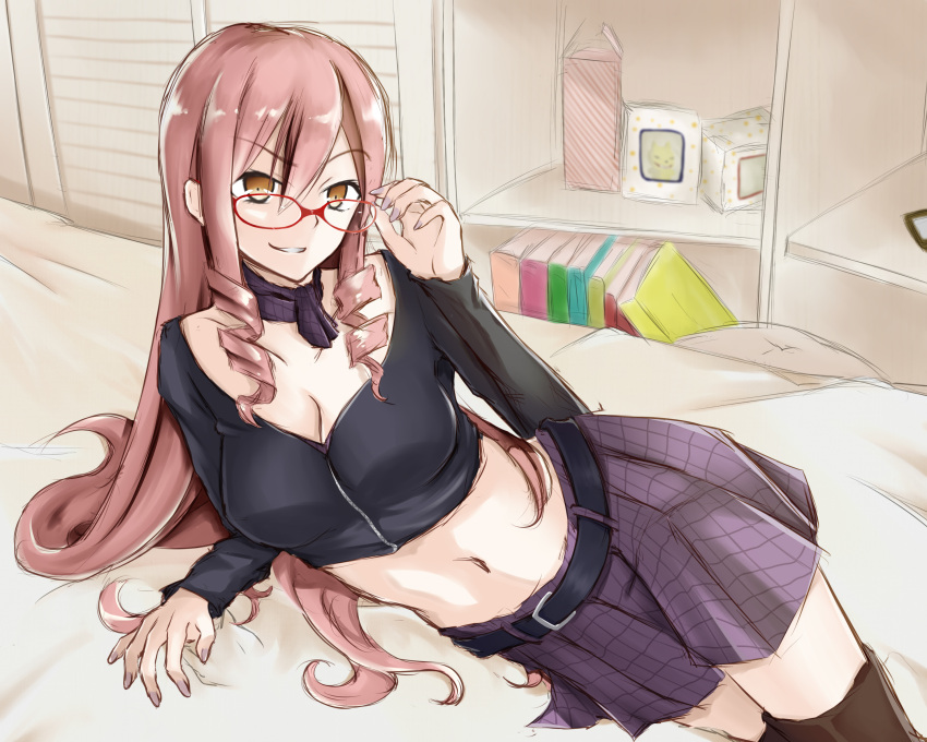 1girl absurdres akuma_no_riddle bed belt bespectacled boots breasts centon_(736023681) cleavage drill_hair glasses grin highres inukai_isuke long_hair lying midriff navel pink_hair sketch skirt smile solo twin_drills yellow_eyes