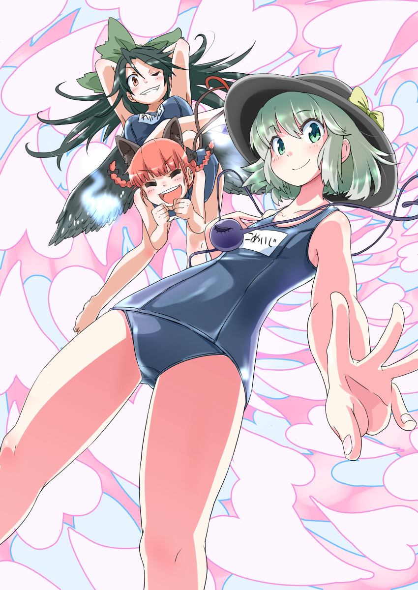 3girls absurdres animal_ears arms_up bent_over bird_wings black_hair black_wings bow braid breasts cat_ears cat_tail closed_eyes commentary_request flat_chest green_eyes grin hair_bow hat hat_ribbon highres kaenbyou_rin kagachan komeiji_koishi large_breasts long_hair looking_at_viewer multiple_girls multiple_tails one_eye_closed open_mouth pose red_eyes redhead reiuji_utsuho ribbon school_swimsuit silver_hair smile swimsuit tail third_eye touhou twin_braids wings wink