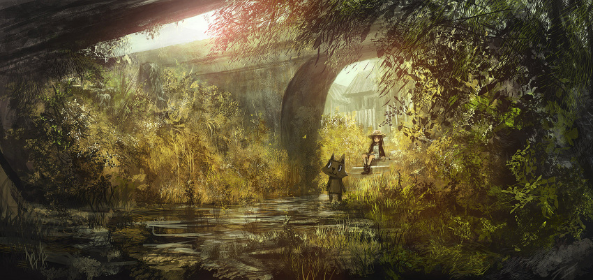 1girl black_hair boots brown_eyes hat highres lm7_(op-center) looking_at_viewer nature original straw_hat water