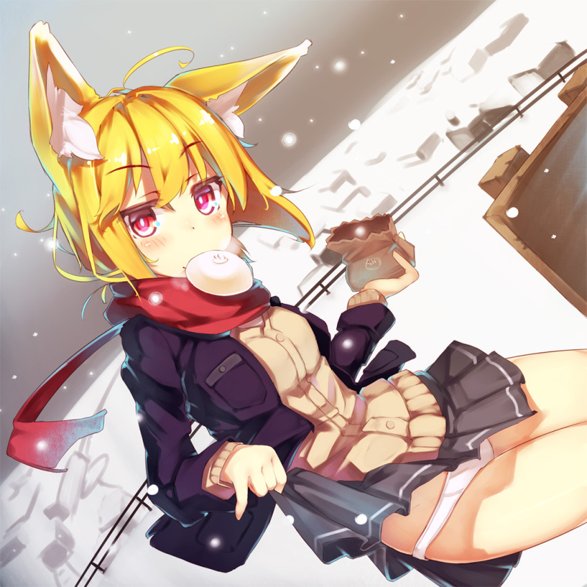 1girl ahoge animal_ears bag blonde_hair blush cityscape dutch_angle food food_in_mouth jacket nasu_(tenpurakkusu) nikuman original panties paper_bag red_eyes school_uniform short_hair skirt skirt_lift snow snowing solo sweater underwear white_panties