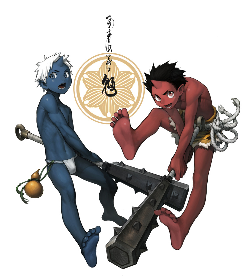 2boys absurdres barefoot black_hair blockun blue_eyes blue_skin fundoshi gourd highres horn multiple_boys open_mouth original pointy_ears red_eyes red_skin simple_background tiger_print translation_request weapon white_background white_hair