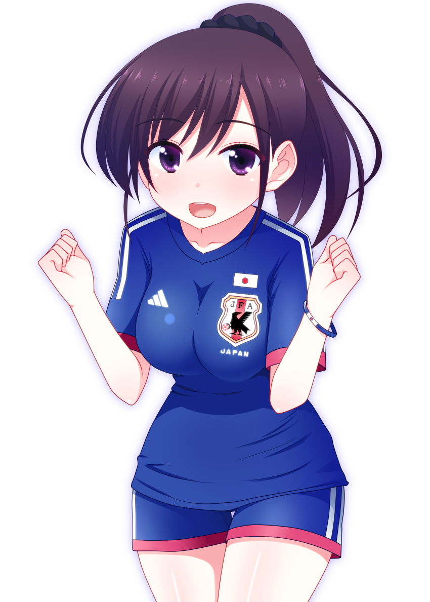 1girl absurdres breasts brown_eyes brown_hair highres japan naze open_mouth original short_hair side_ponytail smile soccer_uniform solo sportswear