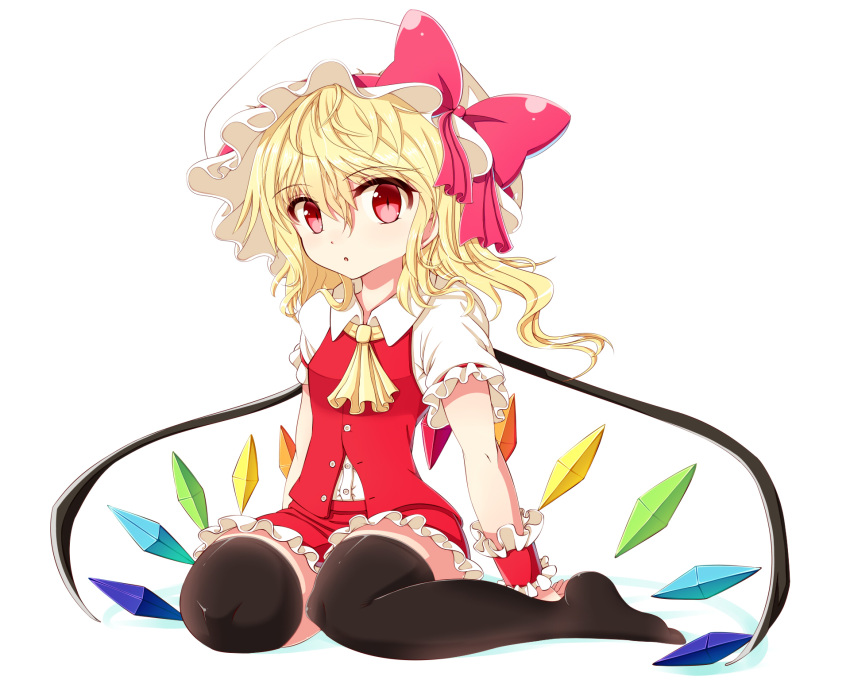 1girl ascot black_legwear blonde_hair bow flandre_scarlet france_panda hat hat_bow highres looking_at_viewer mob_cap puffy_short_sleeves puffy_sleeves red_eyes shirt short_sleeves side_ponytail simple_background sitting skirt skirt_set solo thigh-highs touhou vest wariza white_background wings wrist_cuffs zettai_ryouiki
