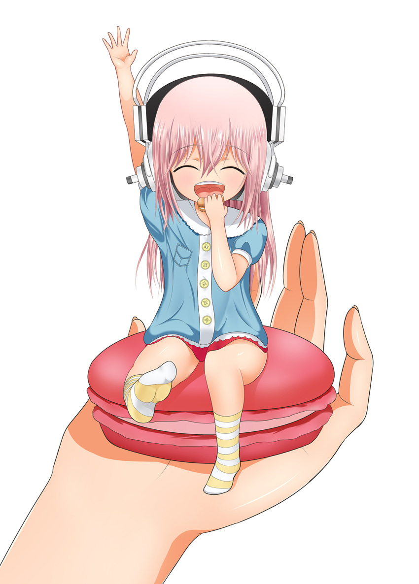 1girl blush closed_eyes headphones highres long_hair macaron nitroplus open_mouth smile solo striped striped_legwear super_sonico young