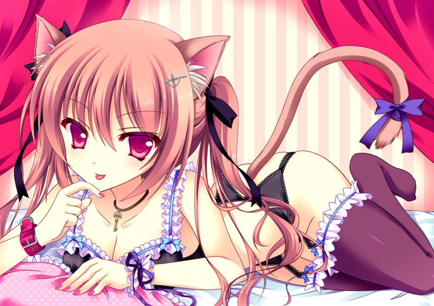 1girl animal_ears bare_shoulders bed bed_sheet bow bra breasts cat_ears cat_tail choker cleavage collarbone curtains frilled_bra frilled_legwear frills garter_belt hair_ornament hair_ribbon hairclip key long_hair looking_at_viewer lying no_shoes on_stomach orange_hair original pillow red_eyes ribbon solo sora_18 tail thigh-highs tongue tongue_out twintails underwear wristband