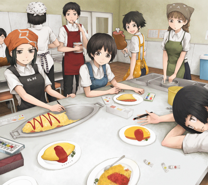 2boys :d animal_hat apron black_hair boned_meat brown_eyes brown_hair food hat head_scarf highres long_hair meat multiple_boys multiple_girls omurice open_mouth original paint paintbrush painting painting_(object) plate short_hair sink smile spoon yajirushi_(chanoma)
