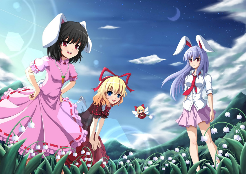 3girls animal_ears bending_forward black_hair blonde_hair blouse blue_eyes blue_hair blue_sky bow bunny_tail carrot_necklace clouds crescent_moon dress dress_shirt fairy_wings flower flying hair_bow hair_ribbon hands_on_hips hands_on_knees inaba_tewi lens_flare lily_of_the_valley long_hair looking_at_viewer medicine_melancholy moon mountain multiple_girls necktie open_mouth pleated_skirt rabbit_ears red_eyes reisen_udongein_inaba ribbon shirt short_hair short_sleeves skirt sky sleeves_rolled_up smile star_(sky) starry_sky su-san tail touhou wind wings zqhzx