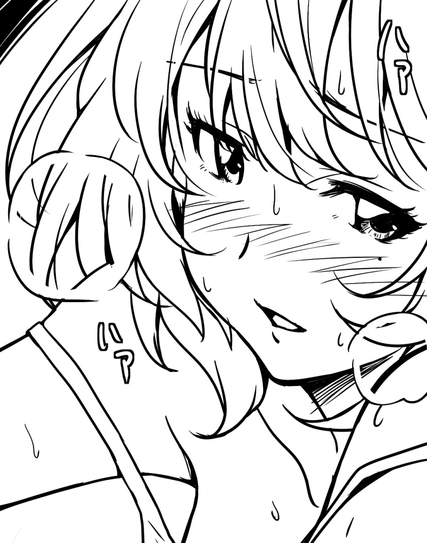 1girl blush highres idolmaster idolmaster_cinderella_girls ikari_manatsu monochrome sketch solo sweat takagaki_kaede