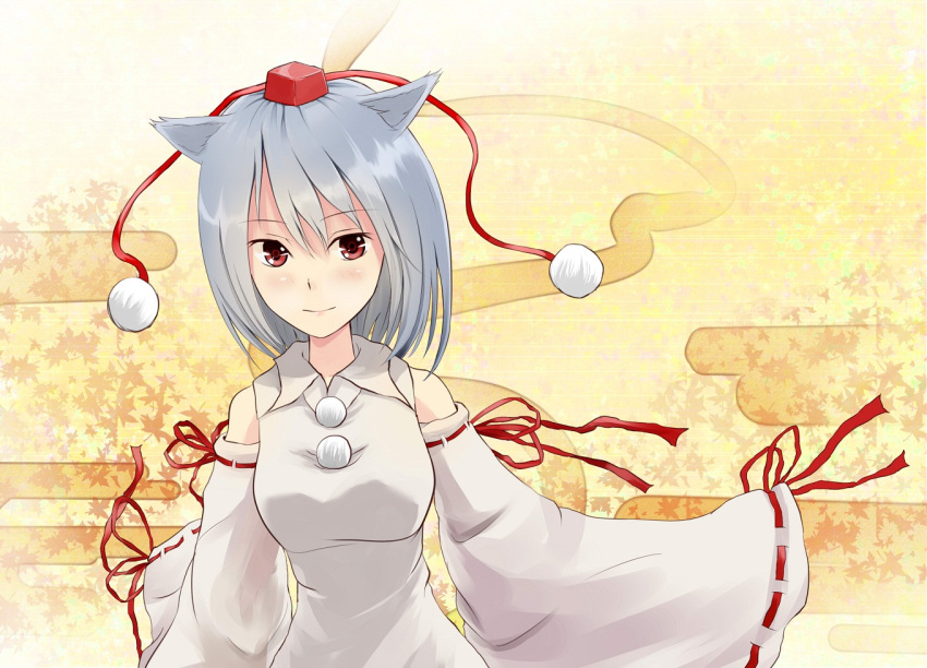 1girl animal_ears bare_shoulders breasts dawndusk detached_sleeves hat inubashiri_momiji looking_at_viewer pom_pom_(clothes) red_eyes red_ribbon ribbon short_hair silver_hair smile solo tokin_hat touhou wolf_ears