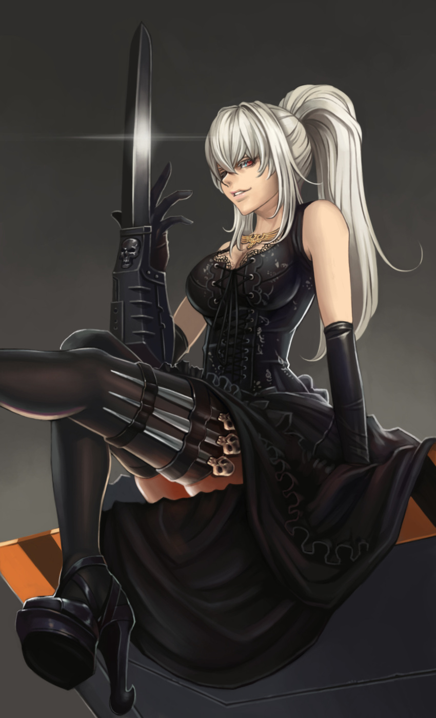 1girl black_gloves black_legwear blade breasts cross-laced_clothes dantewontdie elbow_gloves gloves grey_background highres knife long_hair ponytail silver_hair simple_background sitting smile solo thigh-highs