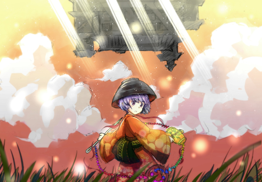 1girl bowl castle cherry_blossoms clouds floral_print grass highres japanese_clothes kikumon kimono light_particles looking_at_viewer looking_back mallet minigirl needle obi parted_lips purple_hair rough sash sheng_jun short_hair solo sukuna_shinmyoumaru sunbeam sunlight touhou twilight upside-down violet_eyes