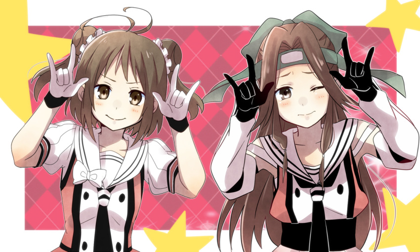 2girls \m/ antenna_hair brown_eyes brown_hair detached_sleeves double_\m/ double_bun elbow_gloves forehead_protector gloves hair_intakes half_updo highres jintsuu_(kantai_collection) kantai_collection long_hair multiple_girls naka_(kantai_collection) one_eye_closed school_uniform serafuku short_hair smile star yukichi_(eikichi)